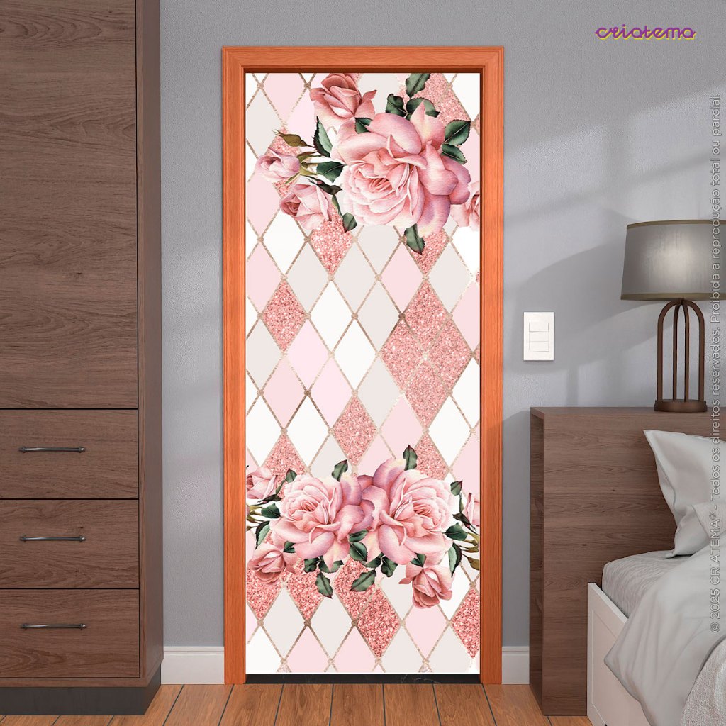 Capa Decorativa de Porta Floral Geométrico Rose Em Tecido Sublimado 0,85x2,10m - ANV-2951