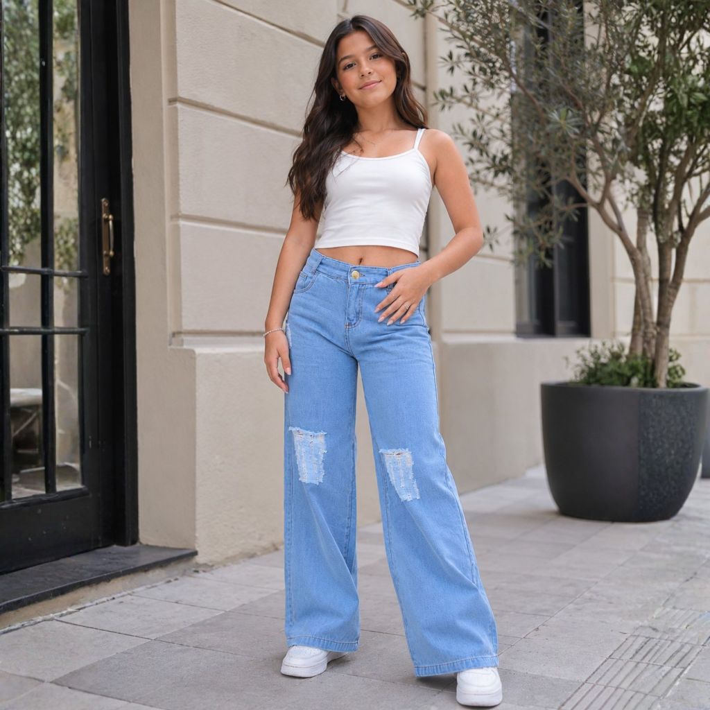 Calça Jeans Street Infantil Juvenil Wide Leg Feminina Pantalona Boca Larga — imagem 2 de 2