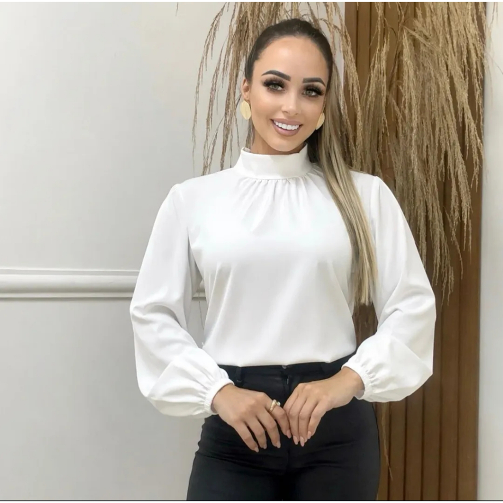 Blusa Feminina Gola Alta Franzida Manga Longa em Crepinho ✨