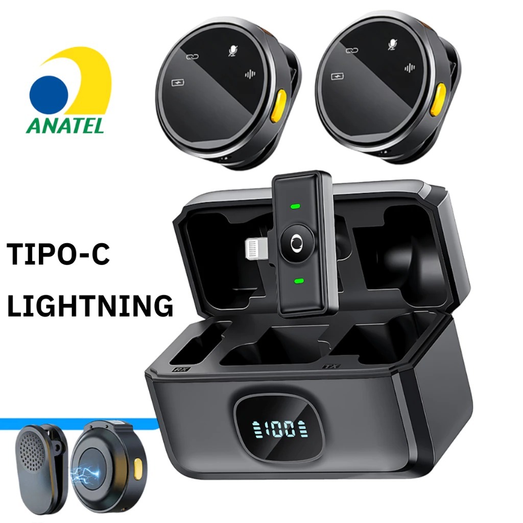 Microfone Lapela Redondo Imã Sem Fio Anti Ruído Tipo C ou Lightning P/ Android iPhone Áudio