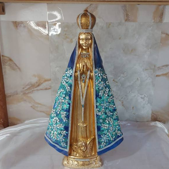 Imagem de Nossa Senhora Aparecida de 65 cm / com Rendas e Pedrarias / Pintada na cor Azul Escuro e Dourado