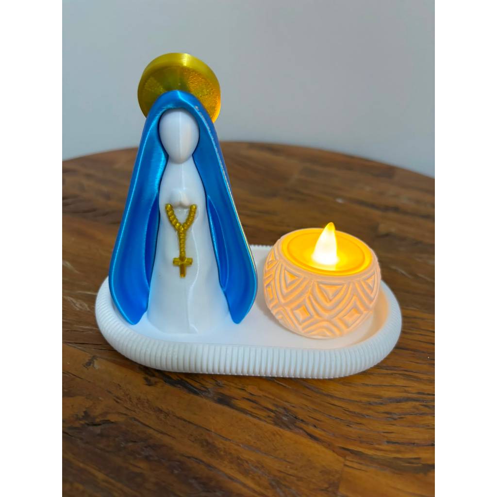 Kit Religioso Nossa Senhora Aparecida Impressão 3D com Porta Vela Altar Decorativo Católico