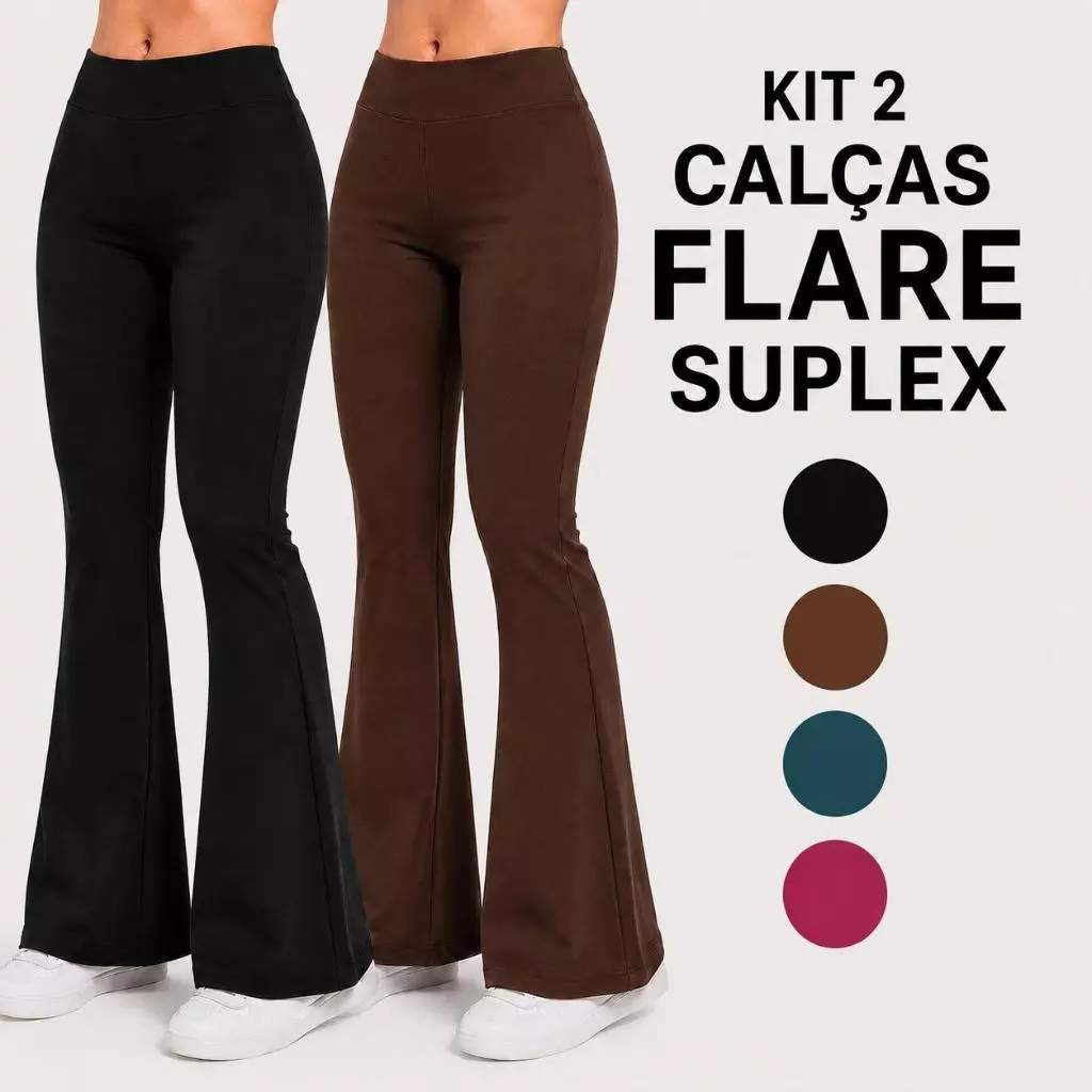 Kit 2 Calças Legging Flare Leg Bailarina Feminina Suplex Cintura Alta Sem Transparência Cós alto Calça Boca de Sino — imagem 1