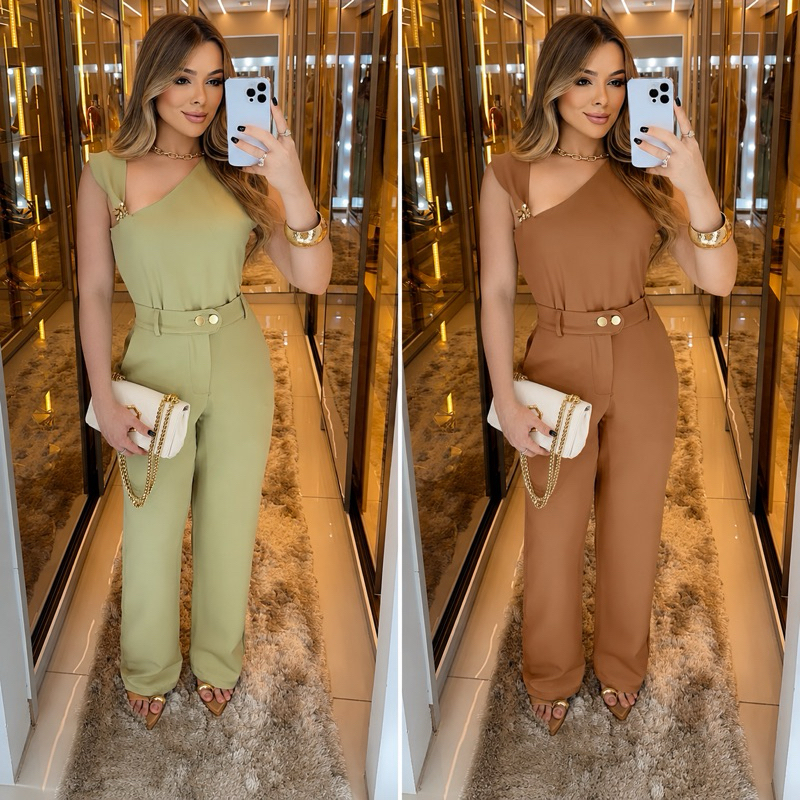 Conjunto Feminino Elegante Blusa Ombro Assimétrico + Calça Pantalona | Social e Casual | M/G