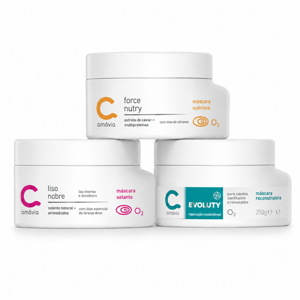 Amávia Kit Cronograma Capilar máscara Hidratante Liso nobre + Máscara Nutry Force + Máscara Reconstrutora Evoluty — Oferta Verificada