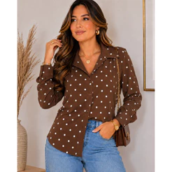 Camisa social femenina, manga longa, Bolinha moda
