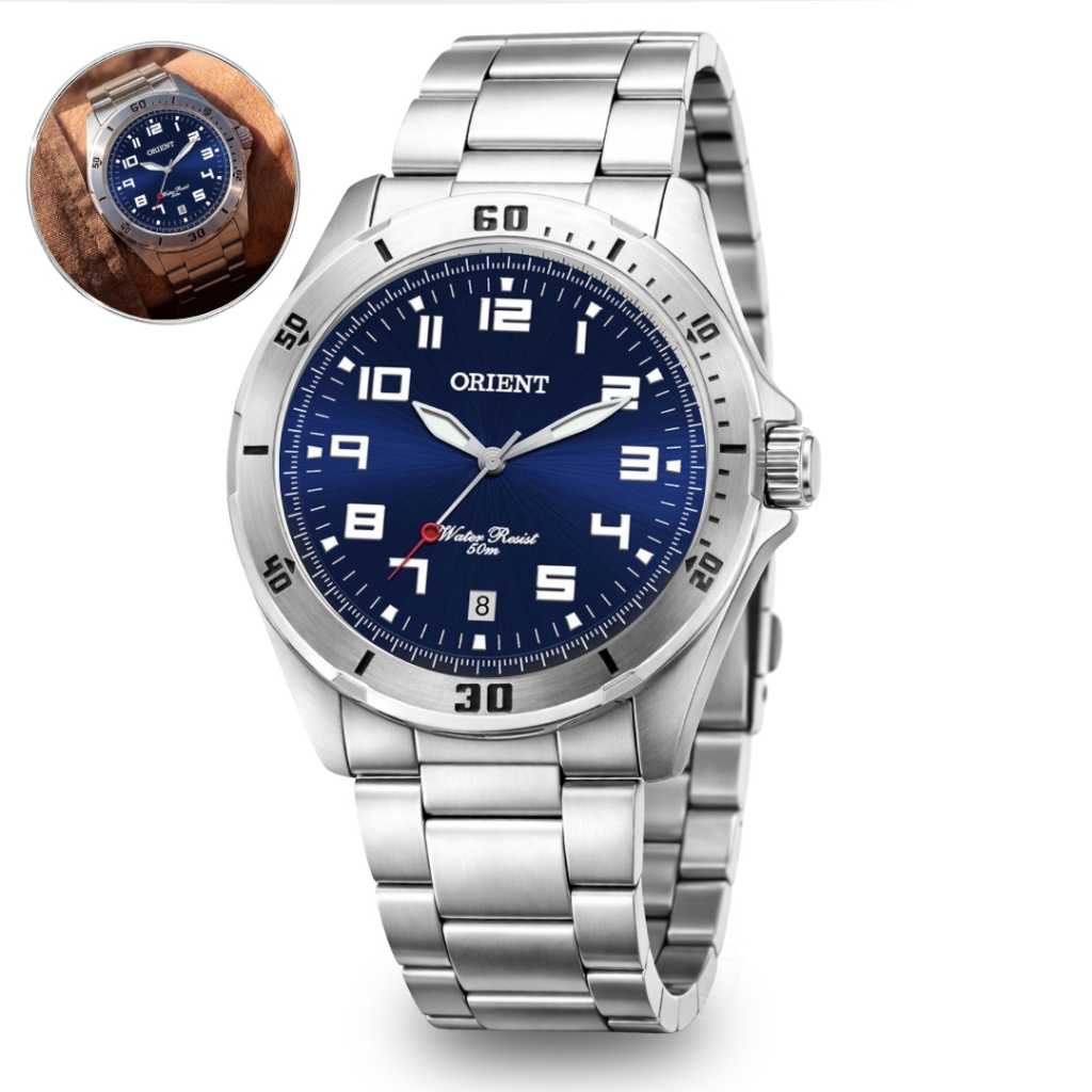 Relógio Orient Analógico Masculino Clássico Prateado Quartz Em Aço Inox Calendário Prova D'água 5 ATM Original