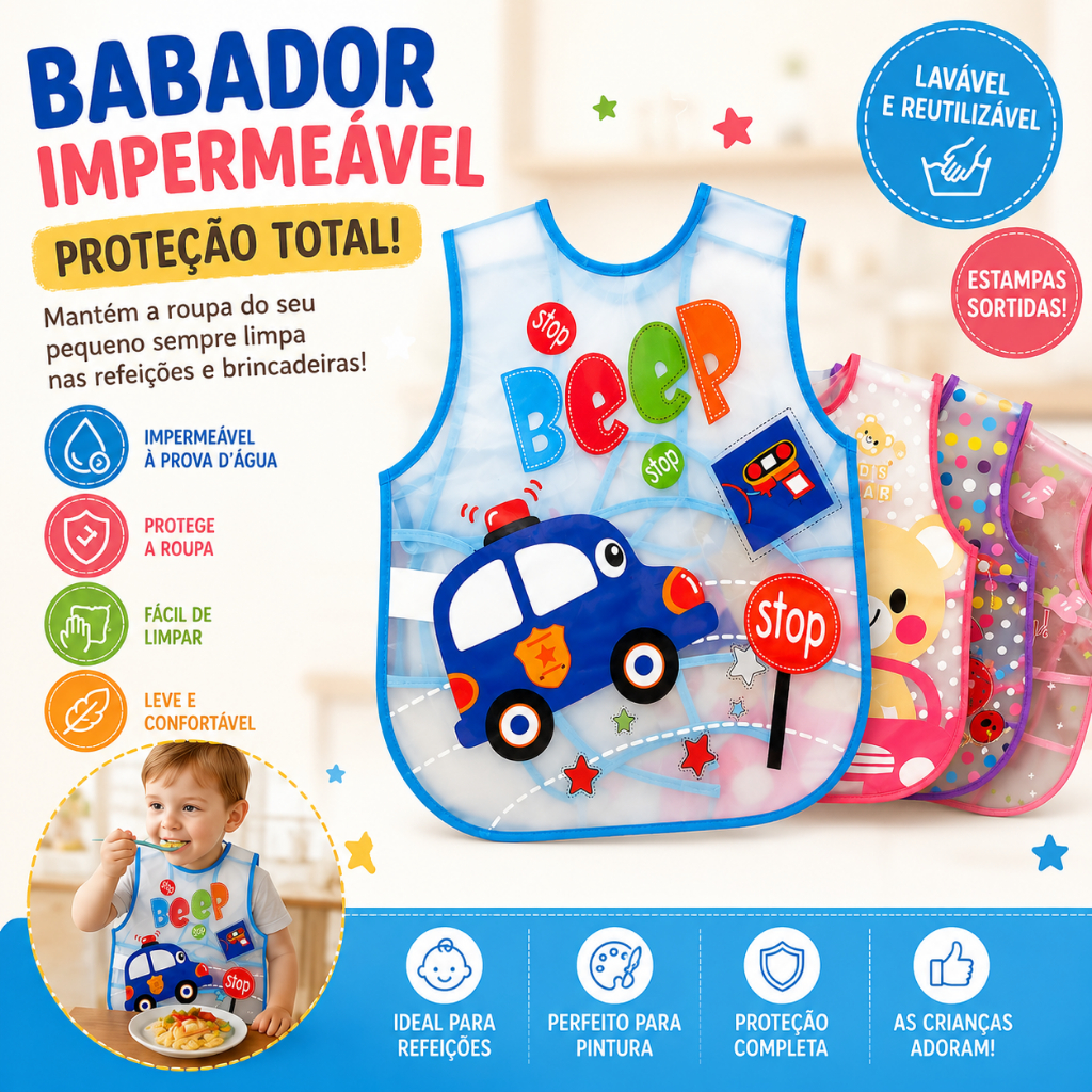 Avental Babador Infantil Impermeável PVC Reutilizável Proteção para Refeição Alimentação Pintura Escolar