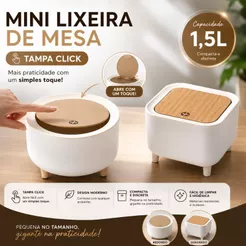 Mini Lixeira de Mesa 1,5L Tampa Click Retrô Multiuso Porta Objetos Redonda ou Quadrada Branca