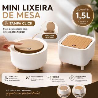 Mini Lixeira de Mesa 1,5L Tampa Click Retrô Multiuso Porta Objetos Redonda ou Quadrada Branca