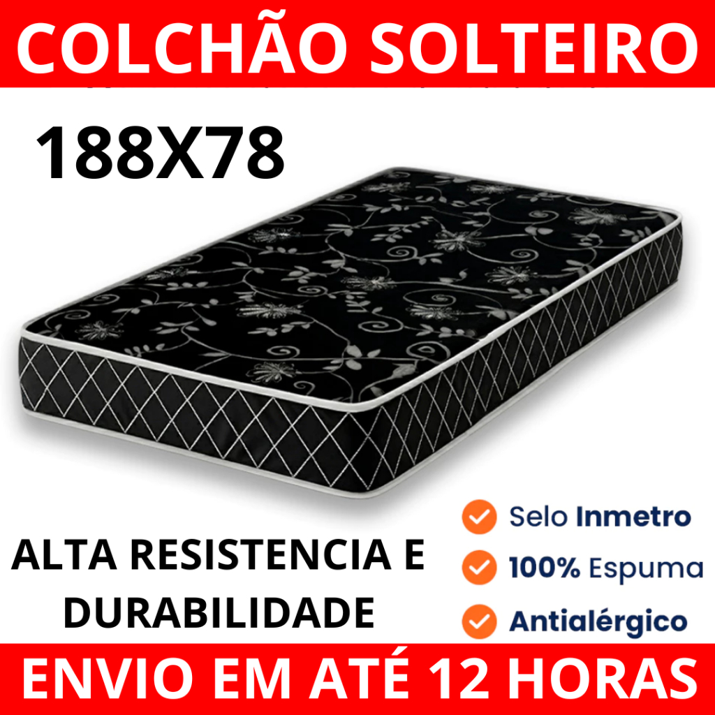 Colchão 100% Espuma Solteiro D20 Ortopédico 1,88X78 Durável Acabamento PREMIUM Selo Inmetro