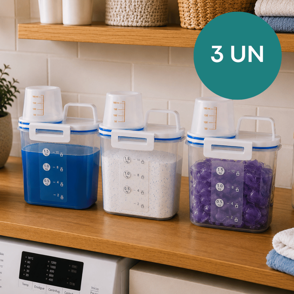Kit 3 Pote Hermético 1,5 L C/ Bico Dosador Porta Sabão em Pó/Sabão Líquido/Amaciante Compacto Lavanderia Organizador