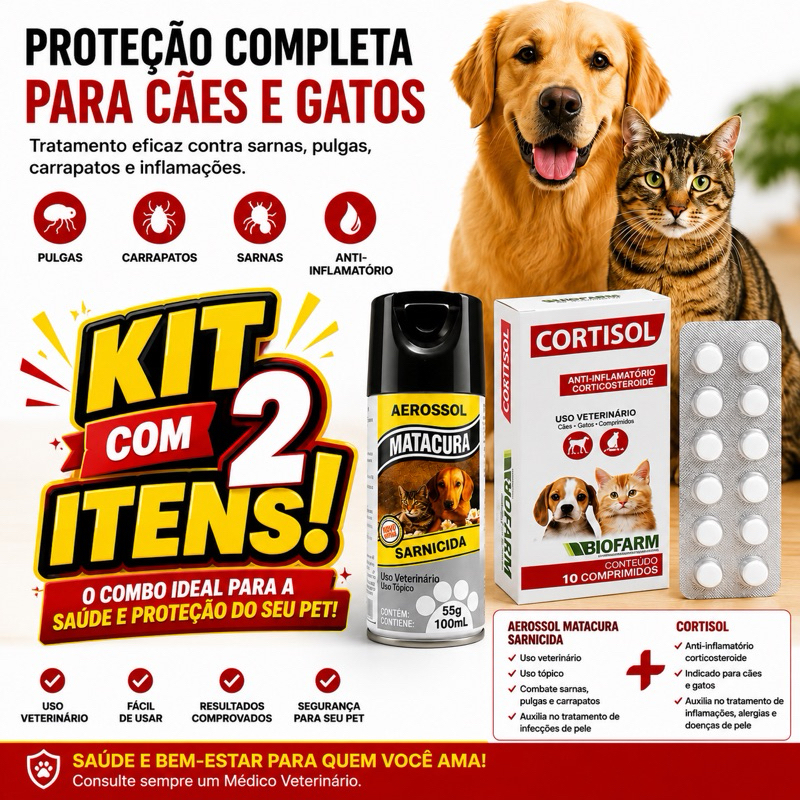 Kit Cortisol + Spray Matacura - Tratamento para Sarna e Doenças de Pele em Cães e Gatos
