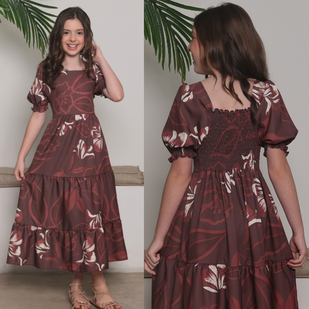Vestido Longo Infantil e Juvenil 3 Marias estampado floral crepinho Meninas Casual