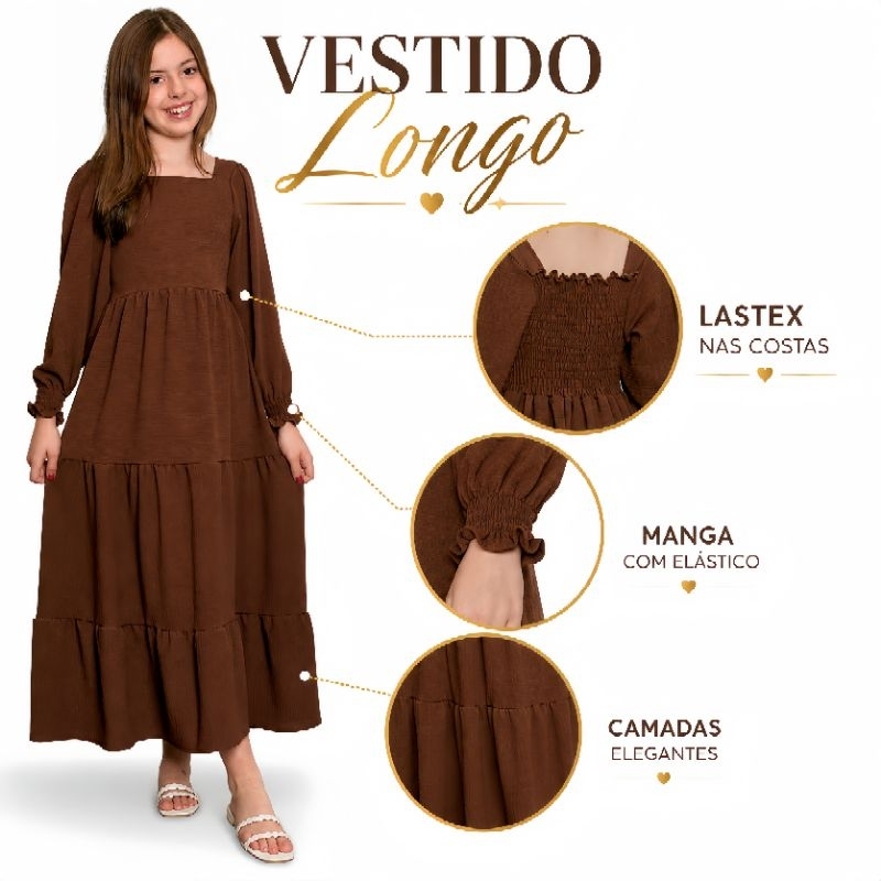 Vestido longo Infantil juvenil menina manga longa bufante elastex nas costas tecido duna moda evangelica inverno