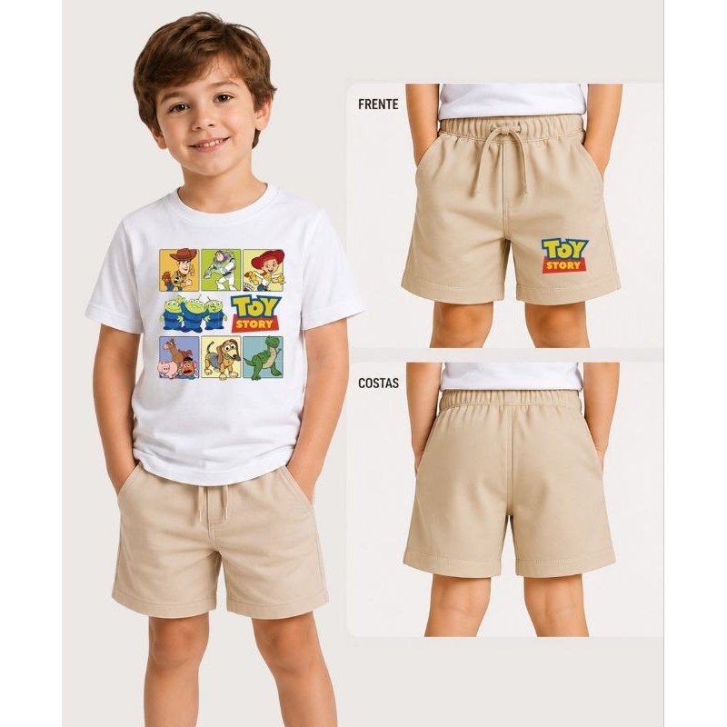Conjunto Infantil Camiseta Básica Algodão e Short Moletinho Conjunto Menino Toy Story Bermuda e Camisa Infantil Desenho