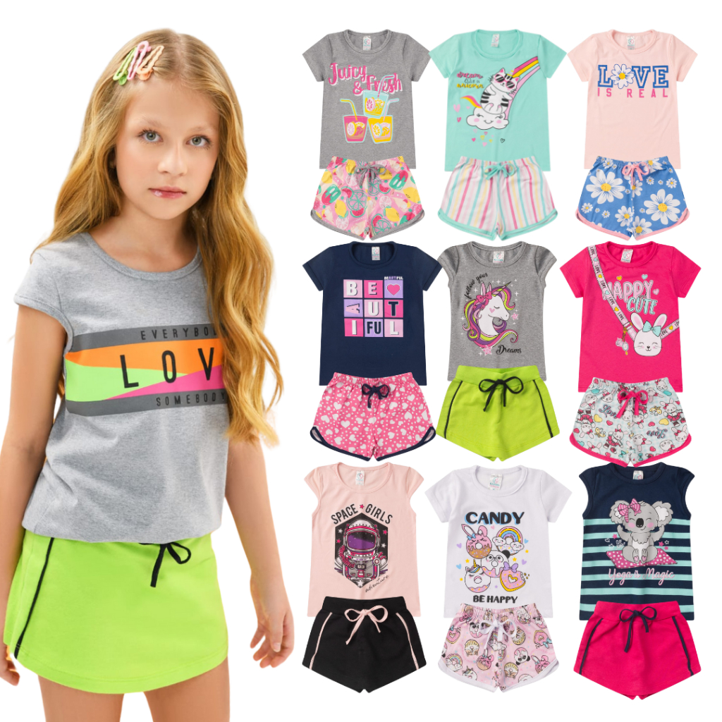 Kit 10 peças Conjuntos Menina Infantil Verão 10 Peças Estampadas Confortáveis Estilosas Camiseta + Shorts