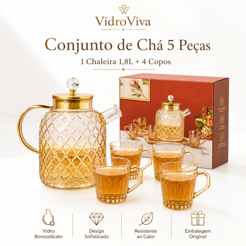 Conjunto de Chá VidroViva 5 Peças em Vidro Âmbar