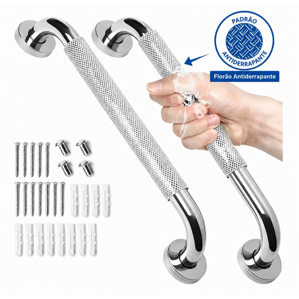 Kit 2 Barras de Apoio Inox Antiderrapante p/ Banheiro (40/60/80cm) - Acessibilid