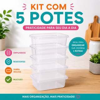Conjunto 5 Potes 800ml Com Travas ou Sem Travas Vasilhas Marmita Fit Organizador Alimentos Geladeira