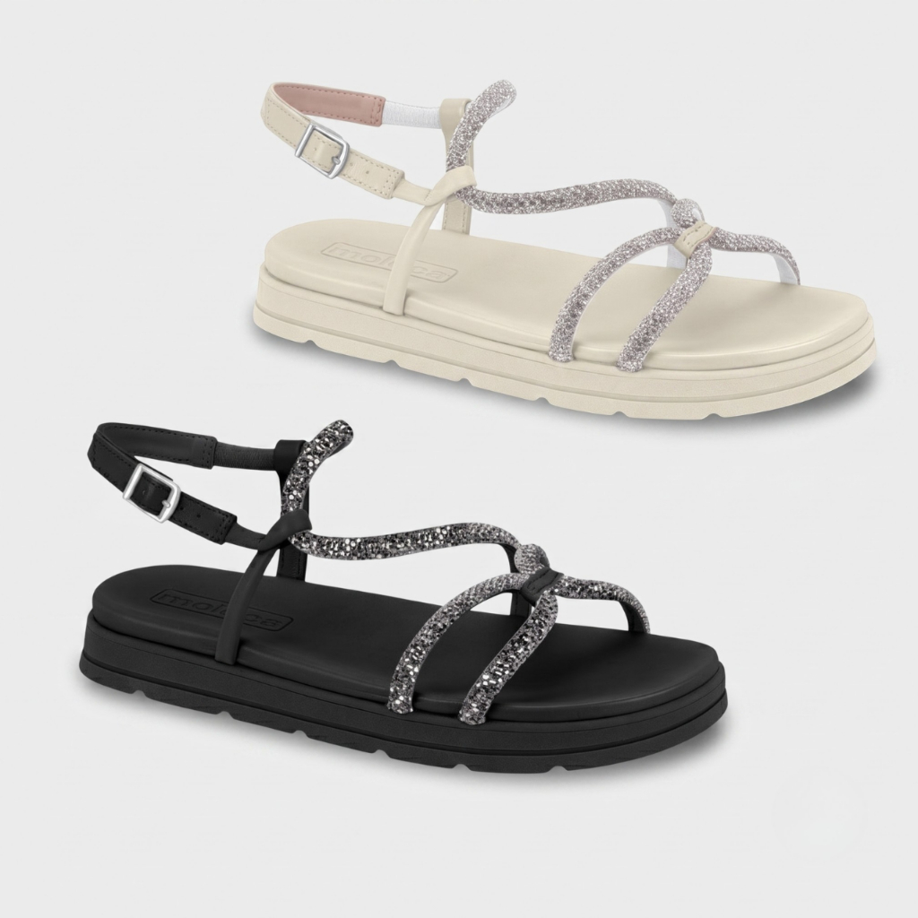 Sandália Feminina Moleca Papete Flatform Tiras Brilho Strass Original