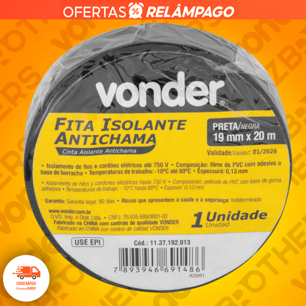 10 Fita Isolante Vonder Profissional Antichamas Rolos Adesiva Preta Original · foto 2