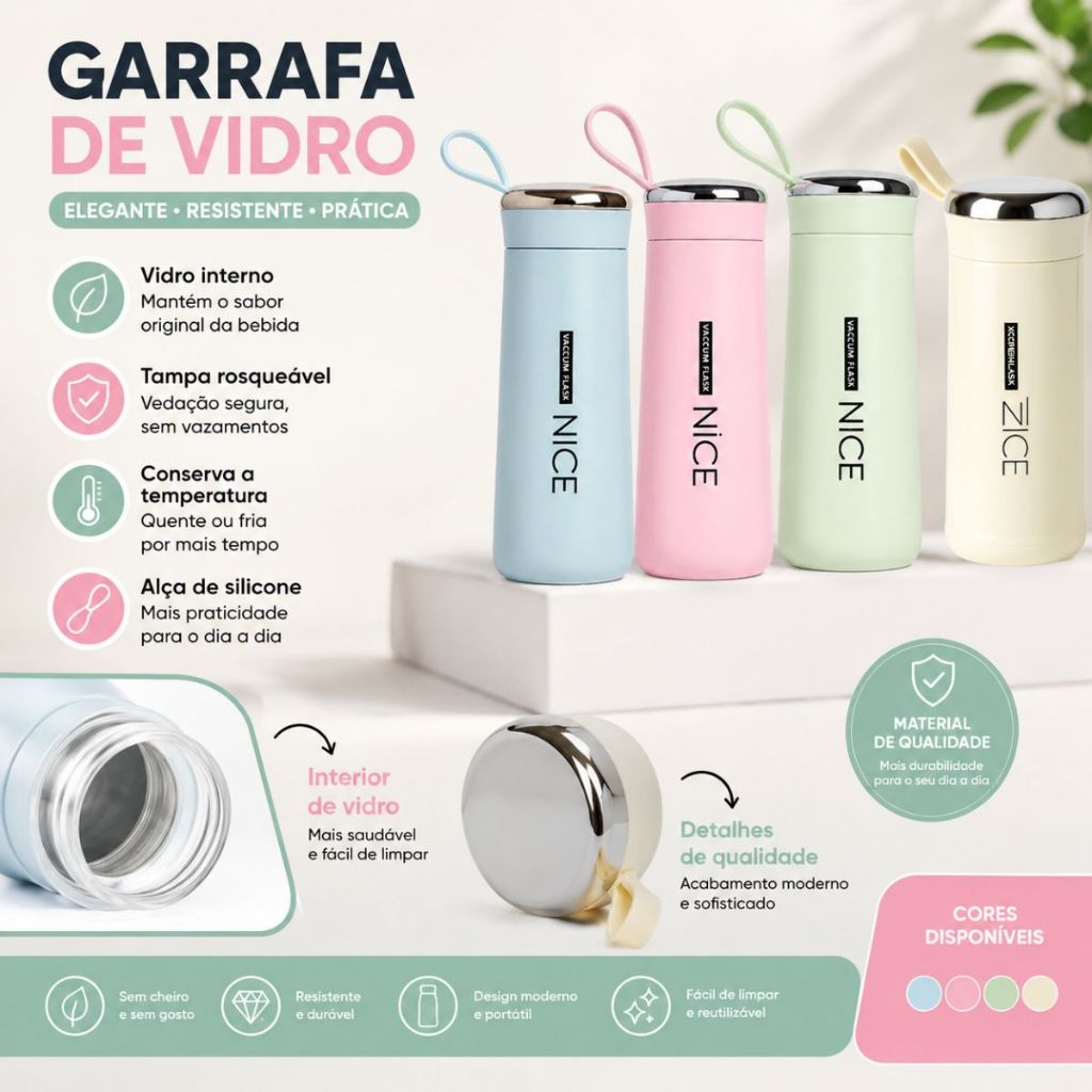 Garrafa de Água Vidro com Proteção 400ml Trends Colors Candy Mantém Temperatura Nice Rabbit Duhome