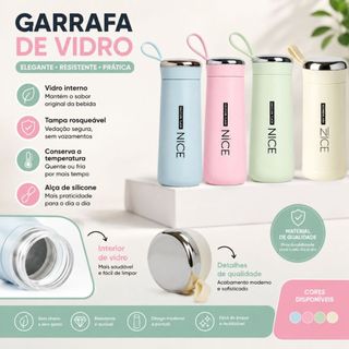 Garrafa de Água Vidro com Proteção 400ml Trends Colors Candy Mantém Temperatura Nice Rabbit Duhome