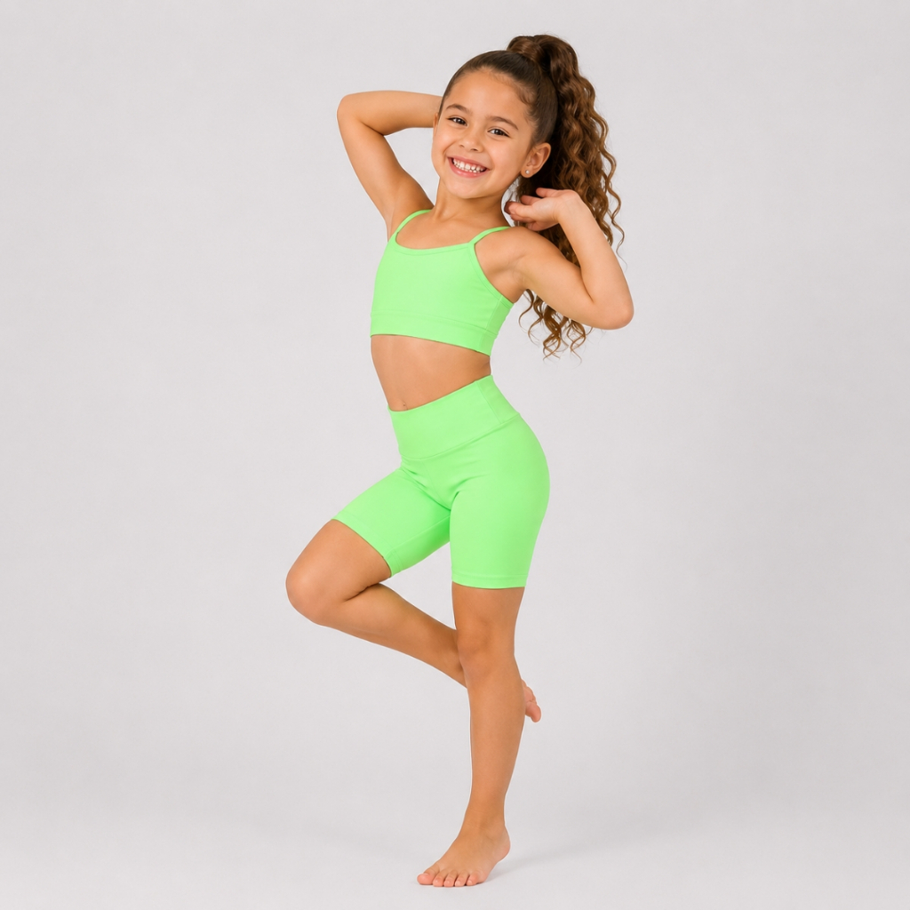 Roupa Infantil Fitness Feminino Top E Short Com Cós Alto
