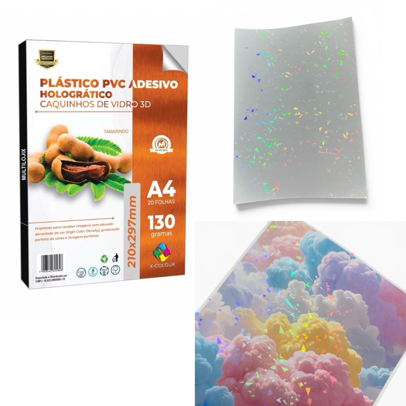 Vinil Adesivo Holográfico Caquinhos Vidro 3D A4 130g Fundo Branco P/ Impressora Jato de Tinta Corante - 20 Fls