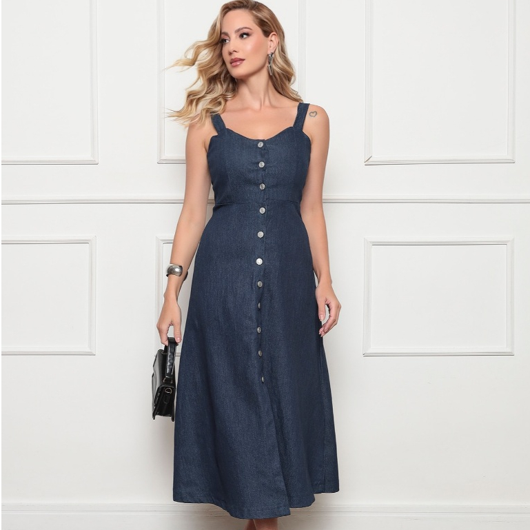 ONLYONE - VESTIDO MIDI FEMININO JEANS COM BOTÕES FRONTAIS MODELAGEM EVASE ALÇA LARGA- VESTIDOS ELEGANTE