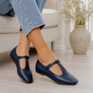 Sapatilha Feminina Couro Legítimo Leve Macio Conforto Azul Marinho Fivela - MARTINA 77