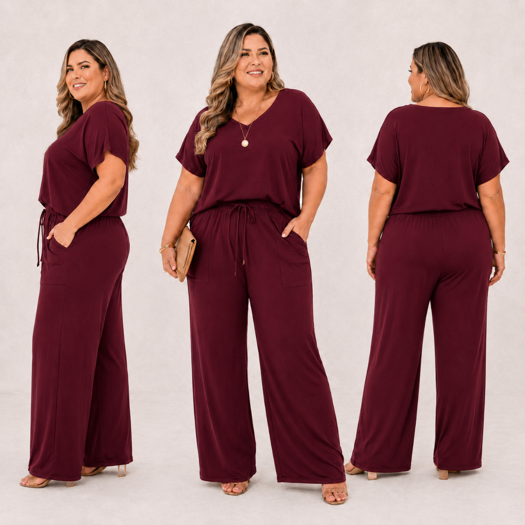 Conjunto Feminino Em Viscolycra Plus Size Calça Pantalona E Blusa Decote V