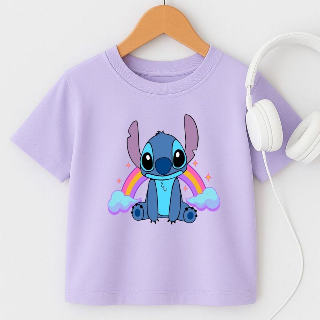 Camiseta Manga Curta Arco Íris Oversized Blusa Feminina Infantil Juvenil 100% Algodão Stitch 4 ao 16 Promoção Lançamento