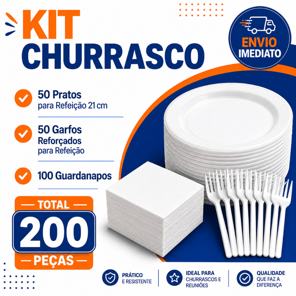 KIT DESCARTÁVEIS PARA CHURRASCO 200 ITENS PRATOS GARFOS GUARDANAPOS