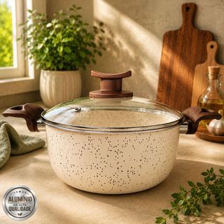 Panela Caçarola 16 cm Antiaderente 6 Camadas de Teflon Bege com Tampa de Vidro Linha Exclusiva Vanilla Premium