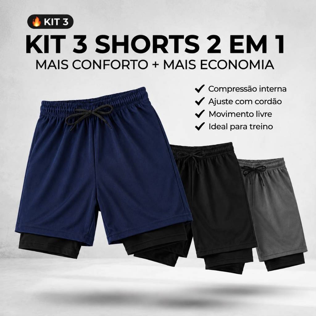 Kit 3 Shorts Masculinos 2 em 1 Bermuda Com Elastano Secagem Rápida Para Academia e Treino