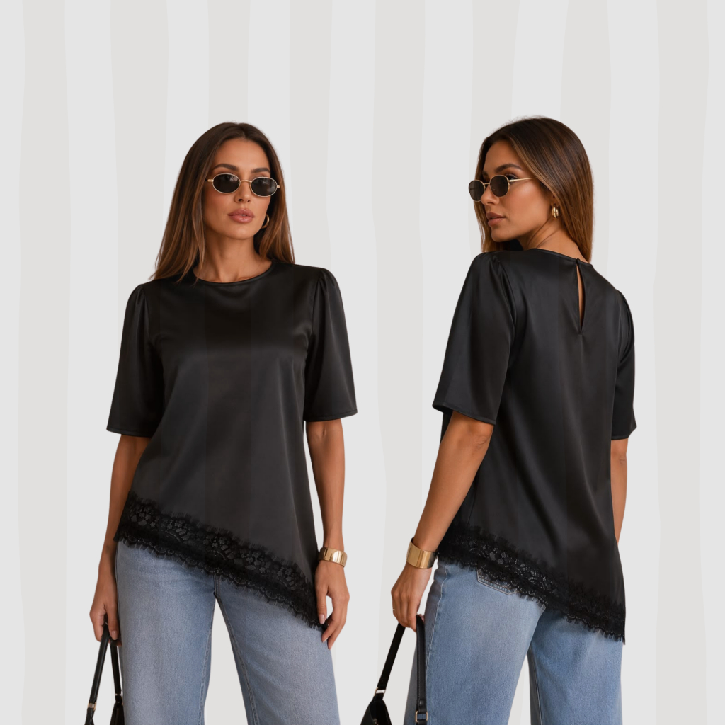 Blusa Feminina de Renda Assimétrica com Renda Feminina Elegante