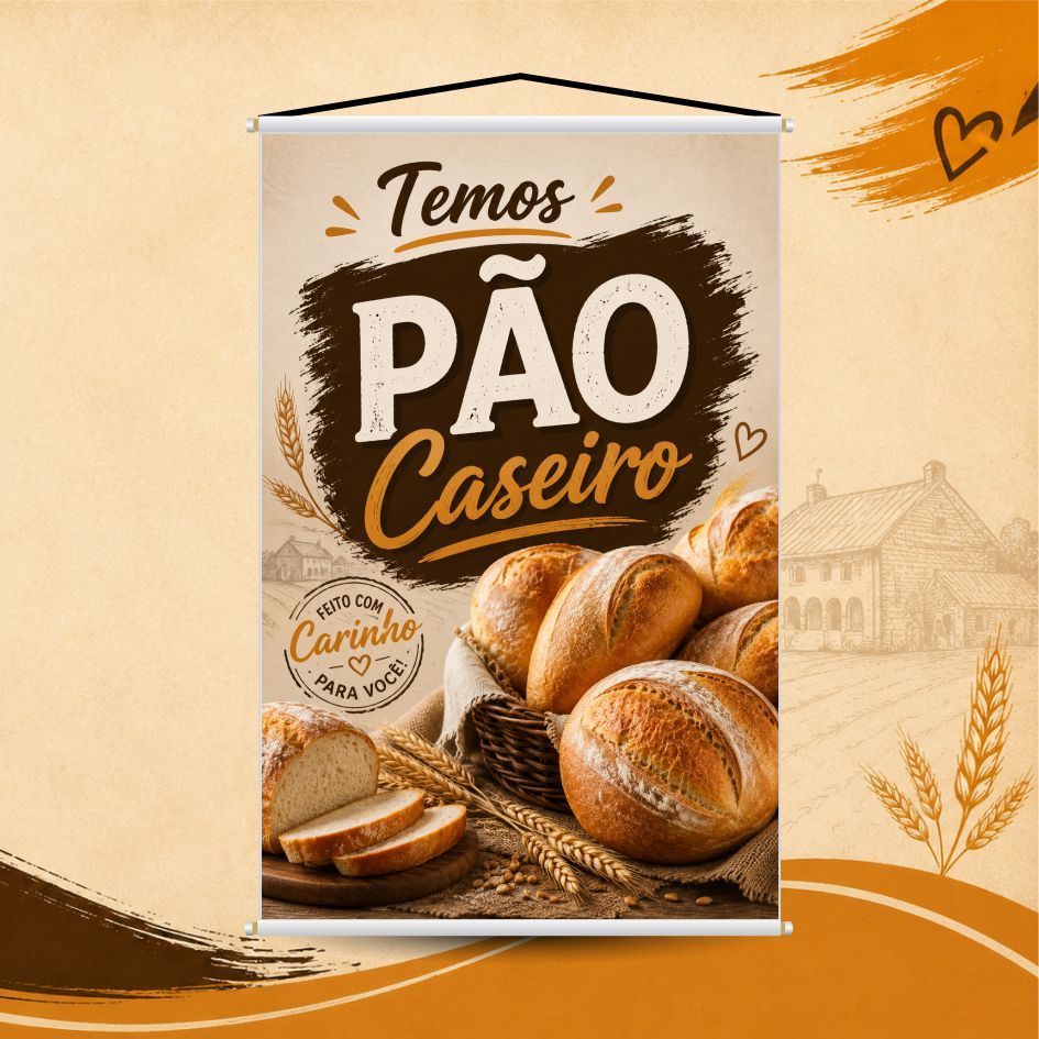 Banner Temos Pão Caseiro Lona Pronta Entrega Padaria Mercado Mercearia BC01- OBS.: NÃO ALTERAMOS A ARTE