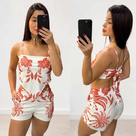 Conjunto Feminino Cropped Estampado Short Cintura Alta Amarração Moda Verão