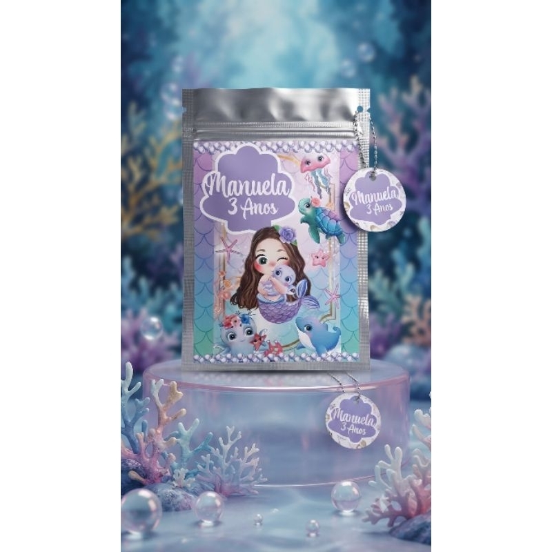 Saquinho Metalizado Personalizado Sereia Lembrancinha/Com Tag Personalizada/Saquinho para Doces, Balas/Festa Infantil