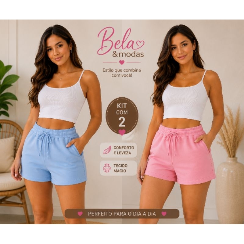 Kit com 2 Short Moletinho Feminina confortável especial pra usar no seu dia há dia Com bolso é Cintura Com Elásticos
