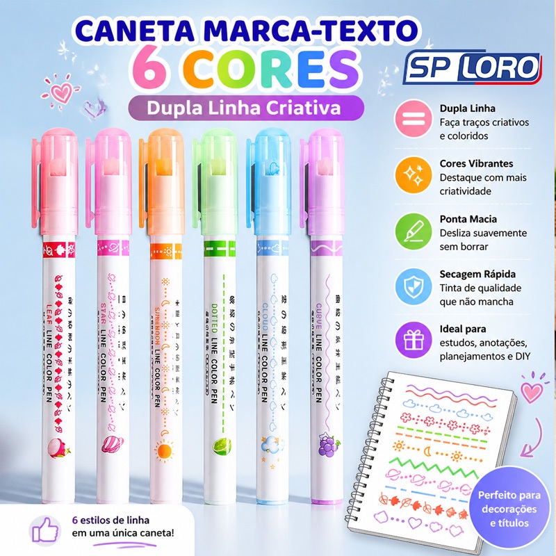 6 PCS Dupla Ponta Caneta Carimbo Roller Colorido Papelaria Fofa 7009