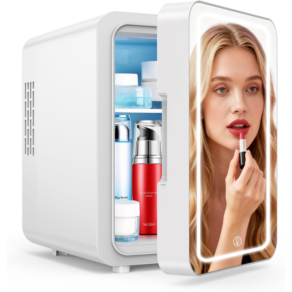 Mini Geladeira Portátil 4L Bivolt Espelho LED, Refrigera e Aquece 12V para Carro, Ideal para Cosméticos Skincare