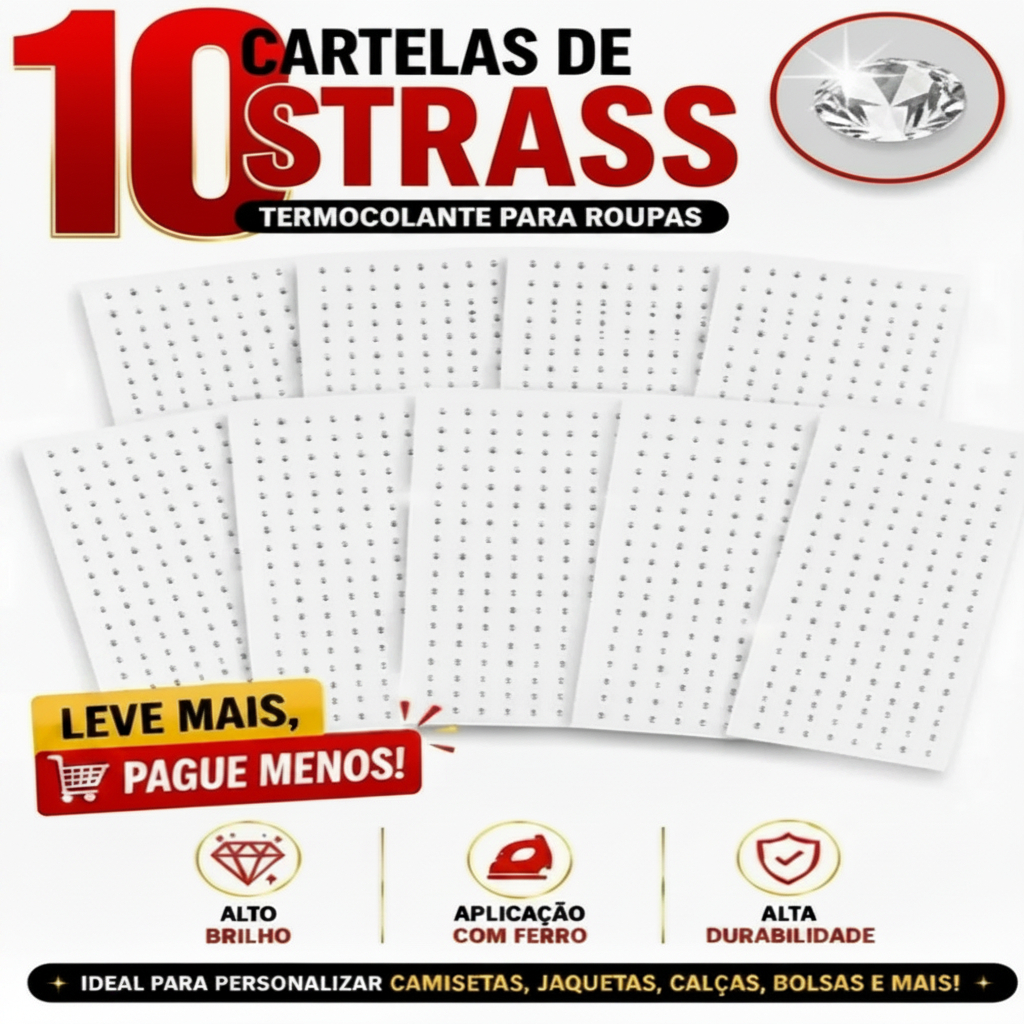 Kit 10 Cartelas de Strass Termocolante Roupa Hotfix Alto Brilho