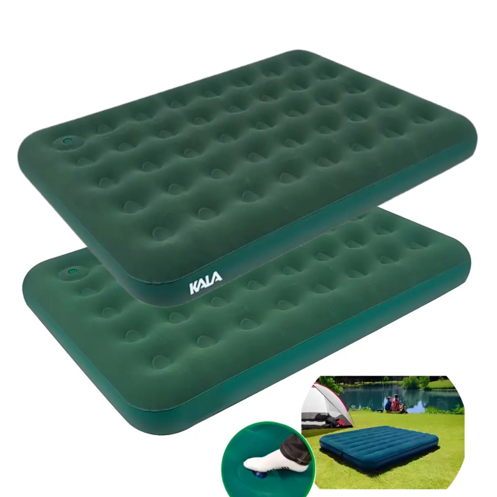 Kit c/ 2 Colchão Inflável Casal c/ Bomba Encher Embutida Aveludado. Camping Praia Viagem Casa Multiuso Acampamento.