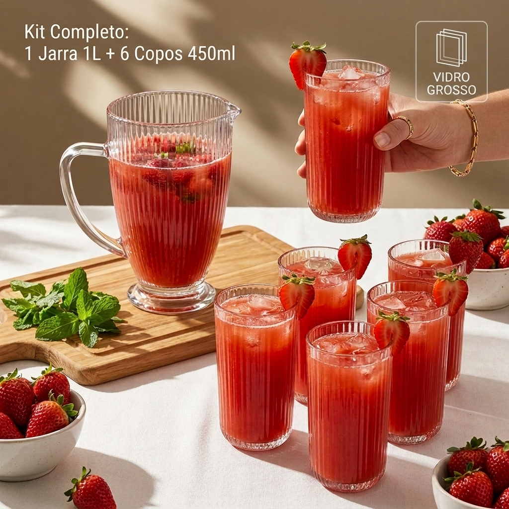 Jogo 6 Copos 450ml + Jarra 1 Litro Vidro Grosso Canelado Versalhes Suco Água Chá Mesa Posta Completo 7 Peças