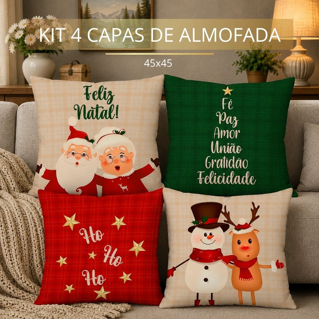 Kit com 4 Capas para Almofadas Natalinas Exclusivo de Natal 45X45cm Papai e Mamãe Noel Ho Ho Ho