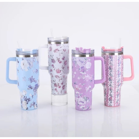 Garrafa 1200ml Térmica Estampa Floral C/ Capinha Silicone Na Base + Tampa Para Canudo