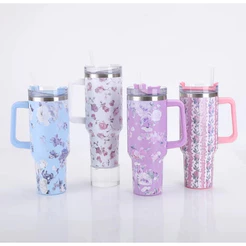 Garrafa 1200ml Térmica Estampa Floral C/ Capinha Silicone Na Base + Tampa Para Canudo